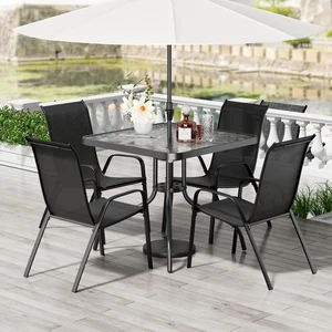 5 Piece Outdoor Patio Dining Set Garden Square Table and 4 Stackable Arm Chairs - Picture 1 of 49