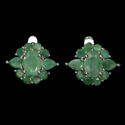 925 Sterling Silver Earrings Oval Emerald 7x5mm Natural Gemstone Jewelry - Image 1 of 4