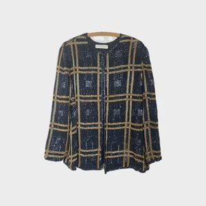 90s Plaid Silk Beaded Black Gold Formal Jacket L Valerie Stevens Y2k Sequin Bead - Picture 1 of 10