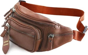 Fanny Pack Waist Bag Multifunction Genuine Leather Hip Bum Travel Tan  - Picture 1 of 6