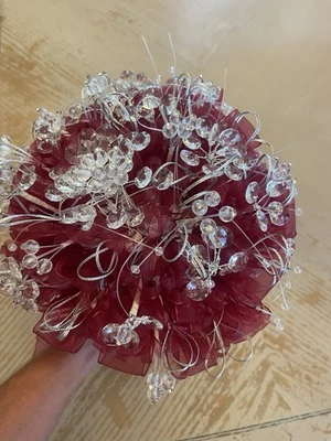 Burgundy/ Maroon Ramo Quinceañera Ribbon/ Clear Crystals / Beads Bouquet - Image 1 of 4