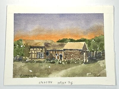 Original Painting Watercolor Old Bailys Barn Cabin 5x7” Farm Art At Dusk Signed - Image 1 of 4