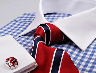 Elegante Camisa de Vestir de Negocios a Cuadros y Cuadros Azul Puño en Contraste de Lujo Foto 1 de 4