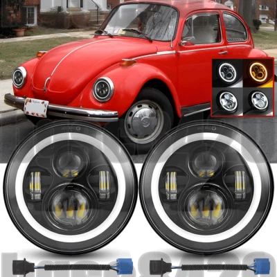 7" inch Round LED Headlights Halo Pair Kit Hi/Low Beam for VW Beetle Classic - Image 1 of 4