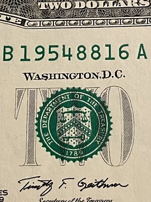 Fancy Serial Number $2 Dollar Birthday Note 2009 B 19548816 A (Aug 16, 1954 ) - Image 1 of 4