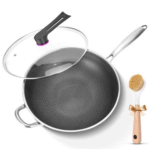 Honeycomb 13in Wok Nonstick Fry Pan w/ Lid Induction Frying Flat Bottom Skillet - Picture 1 of 13