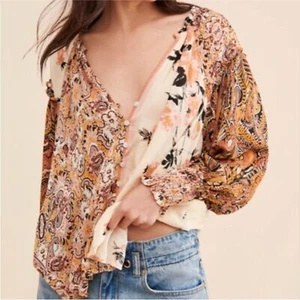 Free People Gemini Blouse Women’s M Burnt Orange Paisley Boho Button Down - Picture 1 of 12
