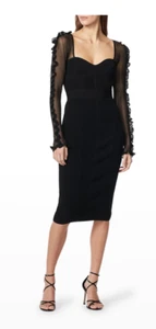 Herve Leger Black Ruffle Sheer Sleeve Corset Midi Dress Evening Cocktail Holiday - Picture 1 of 14