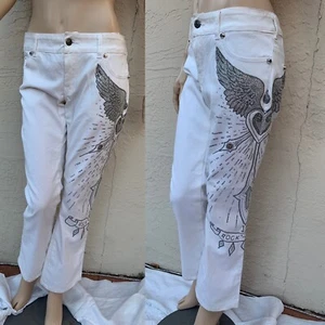 JOHN RICHMOND ROCK & ROLL WHITE JEAN PANTS HEAVILY EMBELLISHED W/ RHINESTONES 33 - Picture 1 of 10