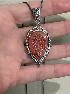 Stunning Pink Pear Shaped Genuine Drusy 925 Silver Pendant 18" Wheat Antiqued - Image 1 of 4