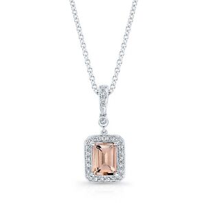 Emerald Cut Pink Morganite Diamond Pendant Necklace 14K White Gold 1.70 TCW