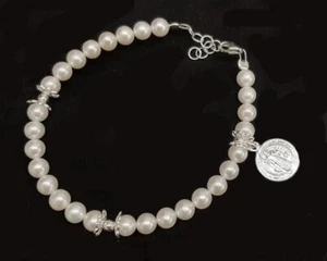 Bracelet Pearls Cultivated AAA And Medal st Benedict With Cross Of 0 15/32in - Picture 1 of 5