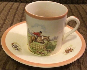 Fox Hunt Hunting Ambassador Ware Demitasse Tea Cup and Saucer Peach Rim 3 - Picture 1 of 5