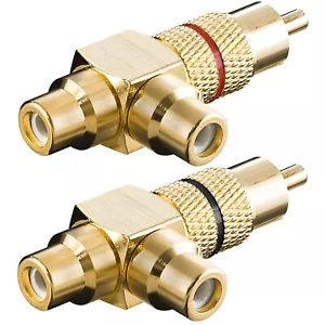 PRO 2 x RCA BLACK RED PHONO Y SPLITTER 1 MALE PLUG to 2 FEMALE SOCKETS ADAPTER - Picture 1 of 7