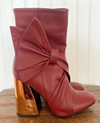 Ivy Kirzhner Belladonna Rojo Dorado Metal Bloque Tacón Bota Cuero Tacón Botines 7 Foto 1 de 4