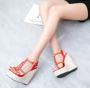 NEW WOMEN'S LADY'S SEXY 5.5" HIGH HEEL WEDGE ROUND TOE STRAPPY STUD SHOES AU4-12 - Bild 1 von 12