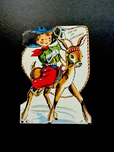 1 VTG Xmas Greeting Card Cute Cowboy In Chaps Proudly Riding His Reindeer 🦌 - Picture 1 of 3