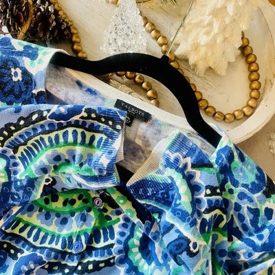 Talbots 迷人开衫毛衣佩斯利纽扣前蓝色青蓝色 PM 码 — 第 1/4 张图片