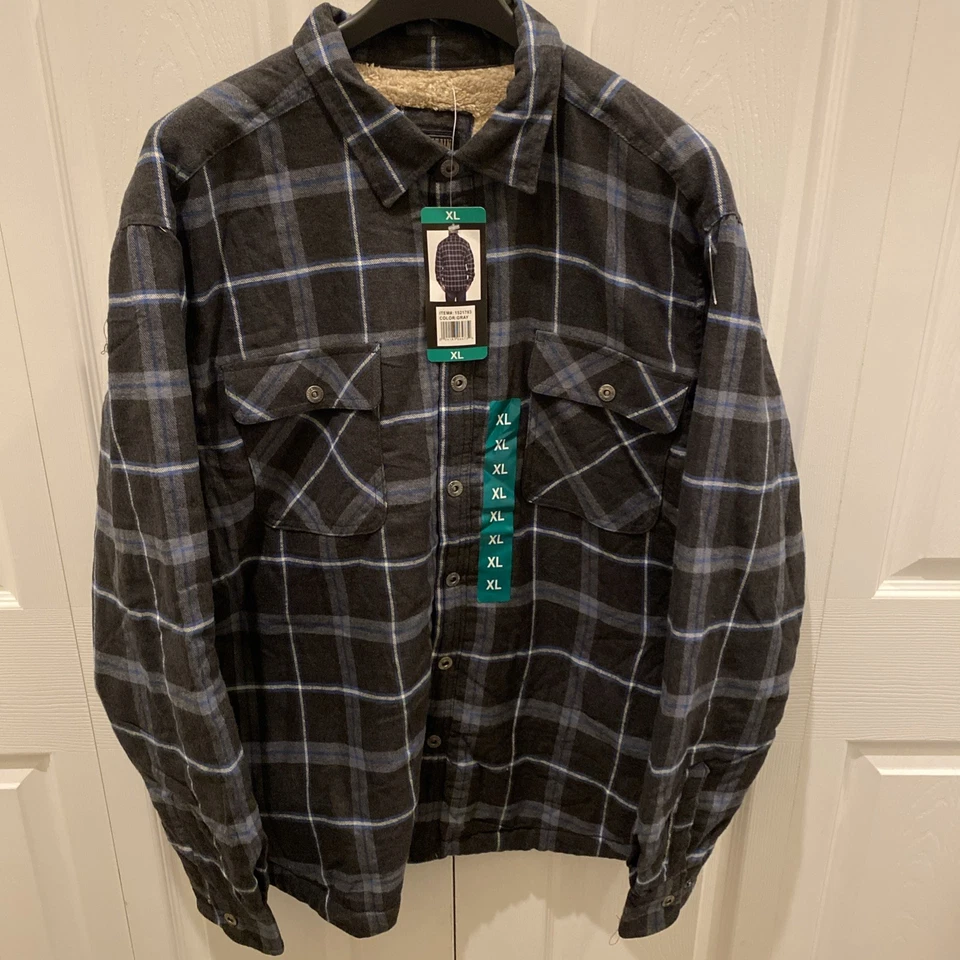 Grizzly Mountain Men Gray Flannel Shirt Jacket Sherpa Lined Shacket Size XL