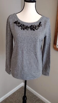 ANN TAYLOR LOFT XS HEATHER GRAY BEADED LONG SLEEVE COTTON/POLYESTER SWEATSHIRT - Image 1 of 4
