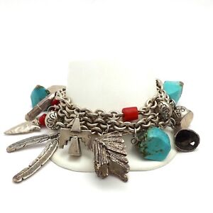 Native American Themed Triple Cable Link Turquoise Coral Toggle Charm Bracelet