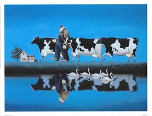 Lowell Herrero Delta Cows with Farmer Country Art Print 17x13 in - Picture 1 of 1
