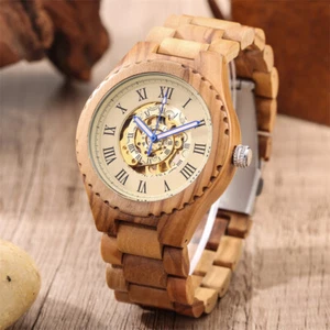 Casual Roman Number Men's Wooden Automatic Mechanical Wristwatch Bamboo Band - Picture 1 of 9