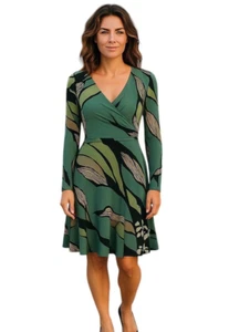 ISSA LONDON 100% Silk Green Abstract Twist Wrap Front Dress Size 6 (Royal Fav) - Picture 1 of 6