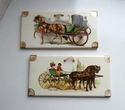 Ancien 2 céramique carrelage Décor chevaux fiacre calèche peintre anglais Stubbs - Photo 1/4