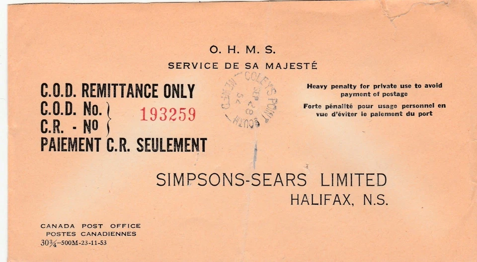 Newfoundland to Canada COLEYS POINT SOUTH Split Ring OHMS COD Stationery 1954 - Image 1 of 1