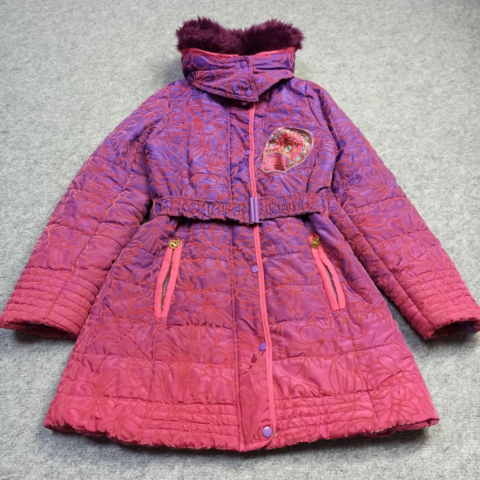 Abrigo acolchado Desigual para niñas 11-12 años púrpura rosa con cinturón parka chaqueta larga Foto 1 de 4