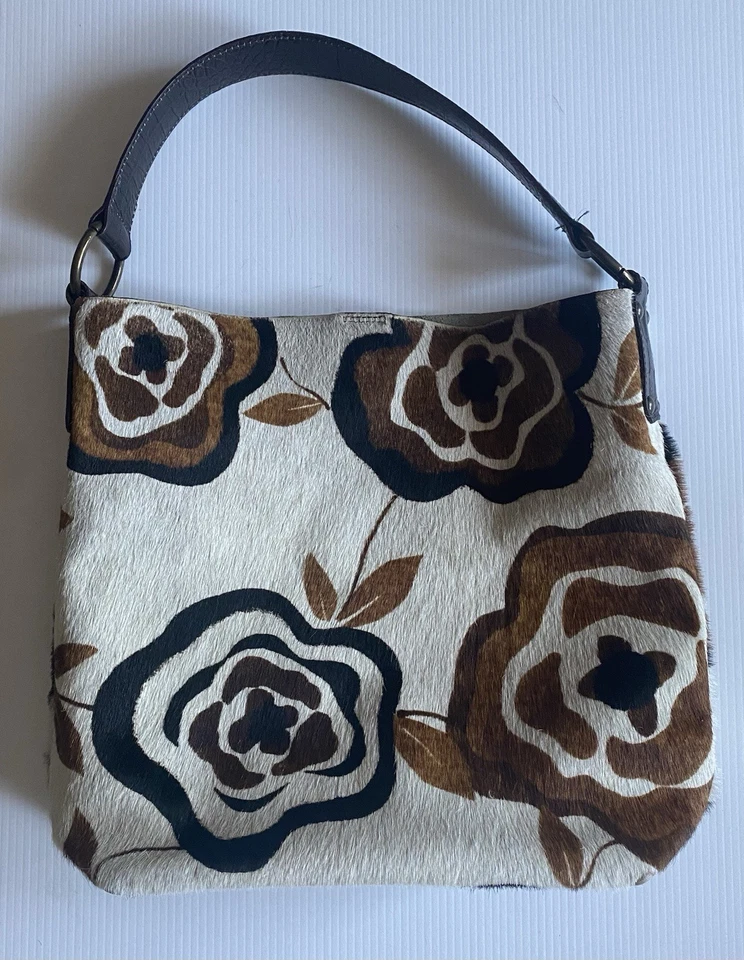 Bolsa tote MAURIZIO TAIUTI couro design floral cabelo animal Hobo Itália 14” de altura - Imagem 1 de 4