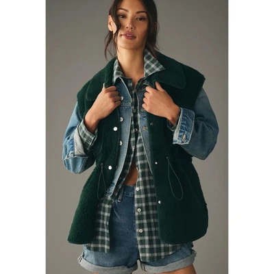 By ANTHROPOLOGIE Cozy Cinched 人造剪羊毛背心 绿色 抓绒 户外 X-小号 — 第 1/4 张图片