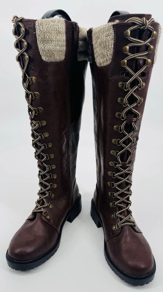 NEW Torrid Women Combat Sweater Trim Knee High Faux Leather Boots Brown Sz 7.5W - Image 1 of 4