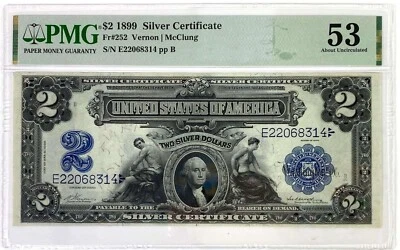 1899 $2 Silver Certificate Mini Porthole Note  PMG 53 - Image 1 of 2