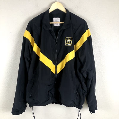 Army Jacket Coat Mens Large Black Yellow Nylon High Neck Full Zip Pockets Logo - Image 1 of 4