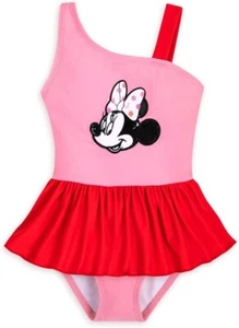 Disney Minnie Mouse Girls 9/10 2 Pc Swimsuit Tank Pink Red Ruffle Skirt UPF 50+ - Picture 1 of 5