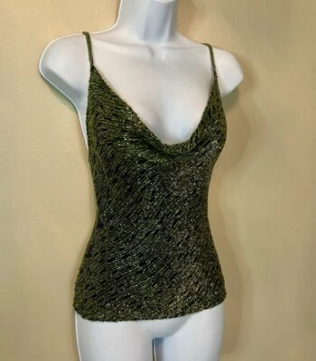 Top cami vintage SCALA 100 % seda raro2 encontrar Y2K verde oliva totalmente con cuentas cuello en V XL Foto 1 de 4