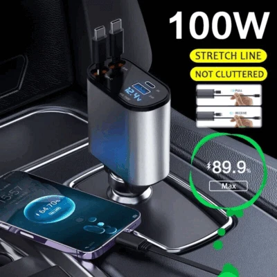 100W 4IN1 Retractable Car Charger USB Type-C Cable For Phone Fast Charge-Adapter - Image 1 of 4