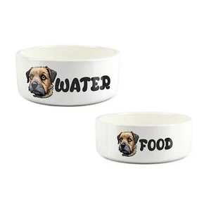 Border Terrier Food & Water Bowl Set - Ceramic Cartoon Dog Feeding Dishes Gift - Picture 1 of 4