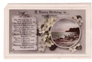 Feliz cumpleaños a mi hermano, poema, flores, playa, postal antigua RP, RPPC - Imagen 1 de 2