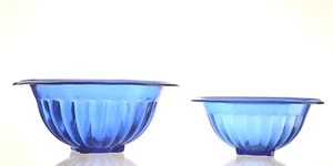 Vtg Hazel-Atlas Glass Cobalt Blue Rimmed Ribbed Mixing Bowls Set of 2 1930s EUC - Picture 1 of 4