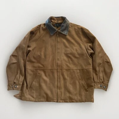 Chaqueta con cuello de cuero marrón Geoffrey Beene para hombre XL forrada con cremallera completa Foto 1 de 4