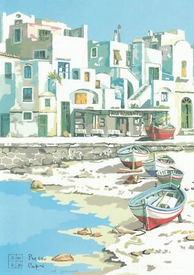 Presso Capri, Serigrafia di Aldo Riso, cm.30x21 firmata dall'artista - Immagine 1 di 4