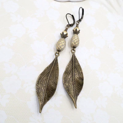 Rustic Brass Leaf Pine Cone Fall Earrings Czech Glass Gold Nature Lover Handmade - Image 1 of 4