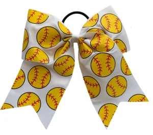NEW "GLITTERY SOFTBALL" Cheer Bow Pony Tail Ribbon Girls Hair Bows Cheerleading - Picture 1 of 1