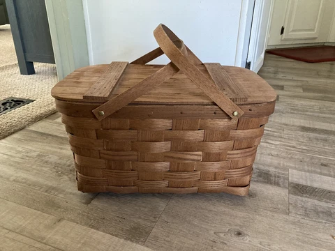 Vintage Basketville Wooden Weave Picnic Basket Putney Vermont Hinged Top Cover