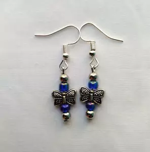 Blue Beaded Butterfly Drop Linear Earrings Silver Tone Handmade Boho Simple - Picture 1 of 5