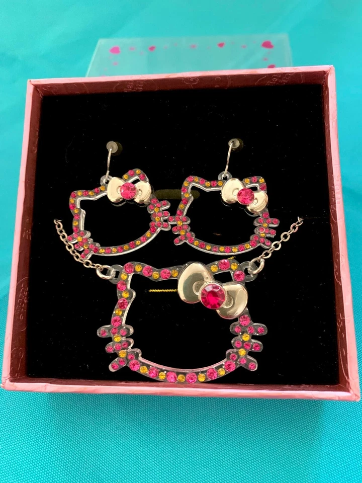 Hello Kitty Set: Earrings and Necklace with Pink Rhinestone - Image 1 of 1