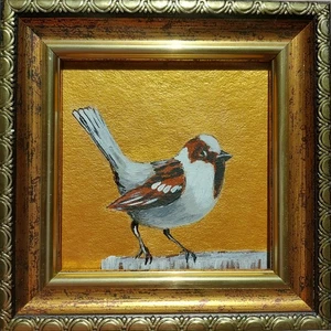 Spatz Gemälde Original kleiner Vogel Spatz Kunstwerk Vogelmalerei Gold GERAHMT - Bild 1 von 10